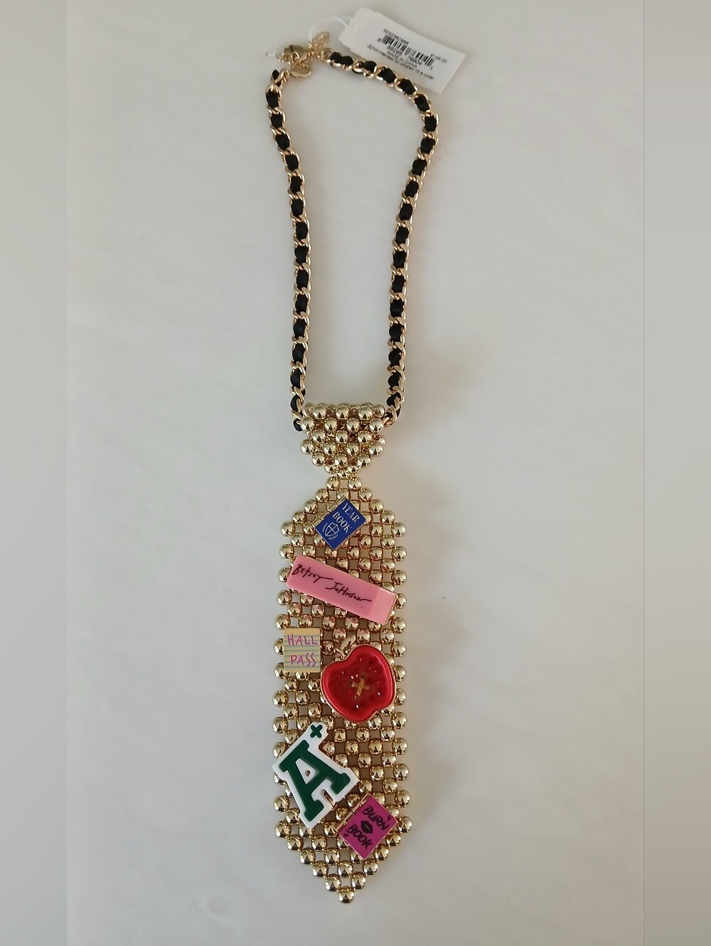 Betsey Johnson Back‑to‑School Tie Charm Necklace – Gold Curb Chain – NWT